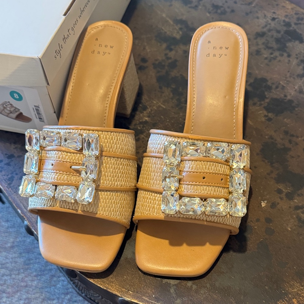 A New Day Women's Beige Mules with Crystal Buckle